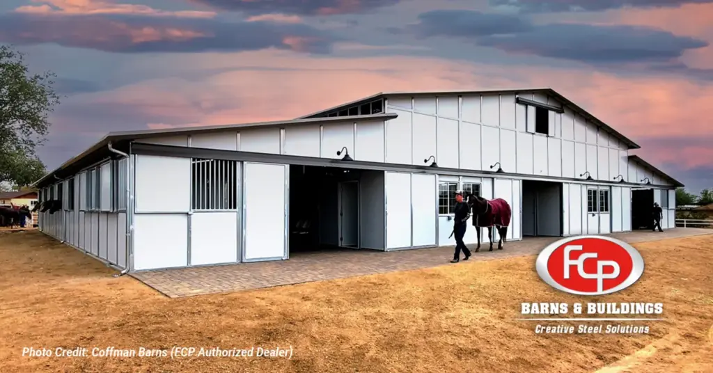FCP Metal Barns for Horses - Article Featured Image of large triple breezeway RCA barn